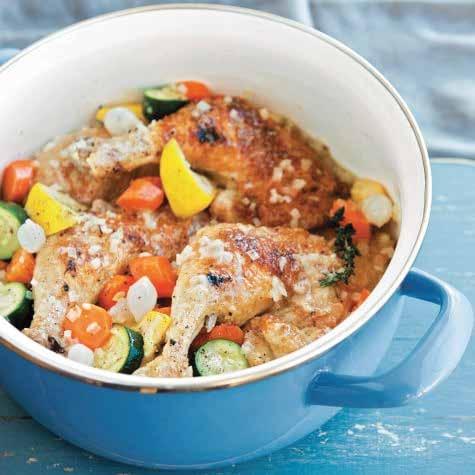 Recipe PAGE 5 SUMMER COQ AU VIN INGREDIENTS: - 3 Tbs. all-purpose flour - Salt and ground white pepper, to taste - 4 lb. (2 kg) assorted chicken pieces, skin on and bone in - 3 Tbs.