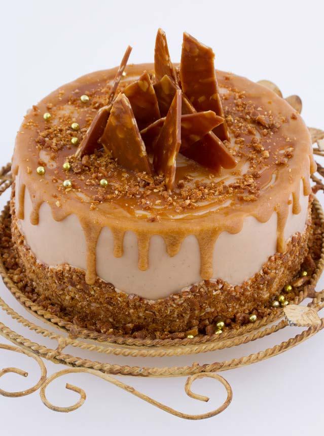 Salted caramel cake Decadently sweet layers of cooked caramel custard fill this dessert cake.