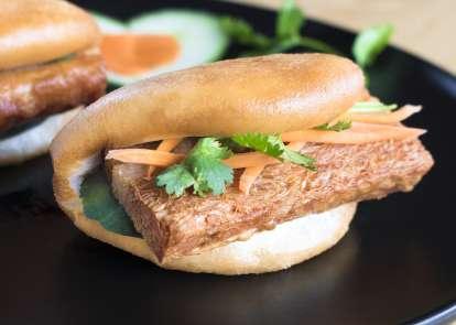 Satay Skewers Vegan Fried or Steam Roast Pork Bun $8.90 Bánh Bao Heo Quay Chay (2) (V) Fried Bun with vegan roast pork, dressing with sweet chilli, cucumber, pickle carrot, coriander.