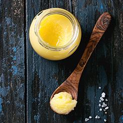 Ghee Ghee is a clarified butter, and can be easily made at home. Place butter in a heavy-bottomed pan. Melt over medium-low heat.