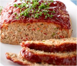 TURKEY MEATLOAF Makes 4 Servings 1 cup egg whites 2 large eggs 1/2 tsp garlic powder 1/2 cup ketchup, unsweetened 1 cup oatmeal 1 cup boiled unsalted onion 2 dashes of ground black pepper 8 oz medium