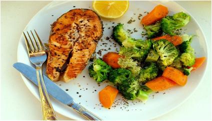 PAN SEARED SALMON WITH ROASTED VEGETABLES 10 oz Salmon 1 pinch sea salt 1 pinch oregano 1 pinch black pepper 1 tbsp virgin olive oil 1 cup broccoli 1 cup carrots 1 cup butternut squash 610 Protein
