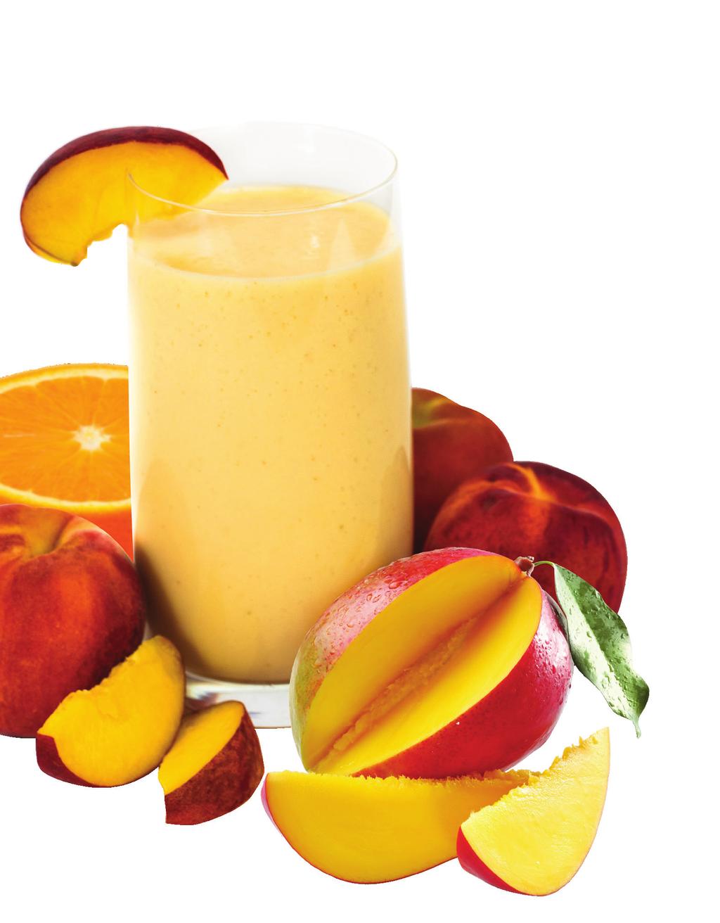 Orange Mango Peach Frappé Makes 4 servings SMOOTHIES & MILKSHAKES Make your orange juice ice cubes ahead and be ready to make this or other smoothies when you want a refreshing treat.