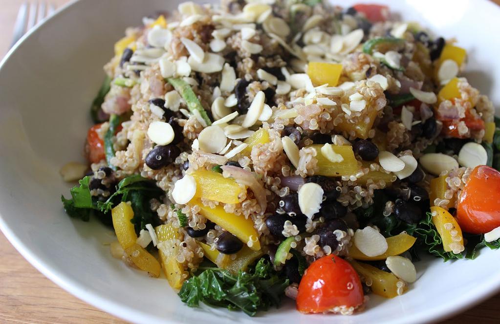 Quinoa & black bean salad 1 tsp coconut oil half a small red onion, diced 1 clove garlic, chopped 6 baby plum tomatoes ½ a courgette, spiralled or cut into thin strips 1 green finger chilli, sliced ½