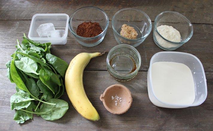 tsps cocoa powder handful of spinach leaves 2 ice cubes Place all ingredients in a blender, liquid first so that the
