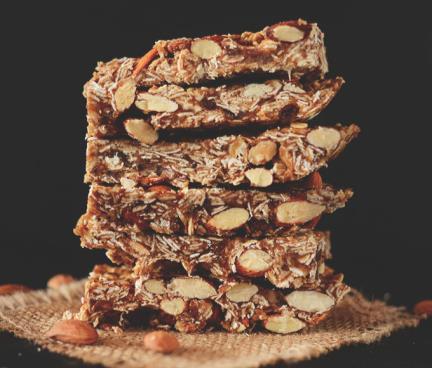 5 Ingredient Granola Bars 1 cup of packed dates, pitted* ¼ cup honey ¼ cup natural peanut butter 1 cup almonds, unsalted, chopped 1 ½ cups rolled oats Optional additions: Dried fruit (cranberries,