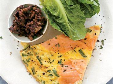 BREAKFAST Low-Fat Frittata with Smoked Salmon and Spring Onion SERVINGS: 6 2 tsp extra virgin olive oil 6 spring onions (whites and 2" of green), trimmed and chopped 6 lg egg whites 4 lg eggs ¼ c