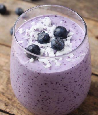 carbs, 9 g fiber, 11g sugar Blueberry Smoothie SERVINGS: 1 ½ cup unsweetened almond milk 1 scoop vanilla protein powder ½ cup frozen blueberries ½ tbsp natural unsalted almond butter water to blend