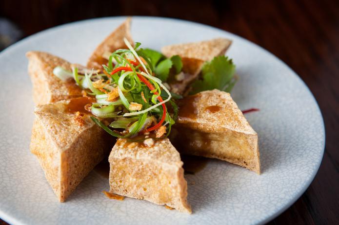 veggie lovers crispy silken tofu $8 crushed peanut - tamarind sauce tom yum soup