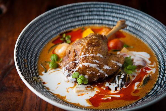 vegetables gang phed ped yang (red duck curry) $24 confit duck -