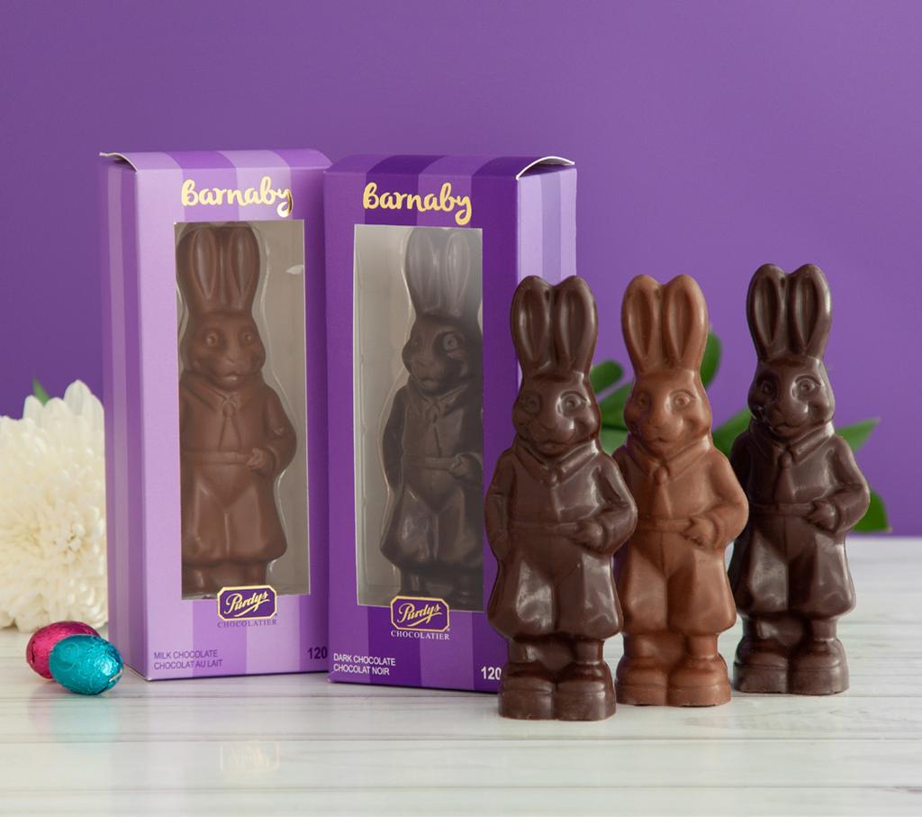 Barnaby Bunny This incredibly dapper bunny (just look at his neatly pressed tie!) is crafted from creamy solid milk or dark chocolate.