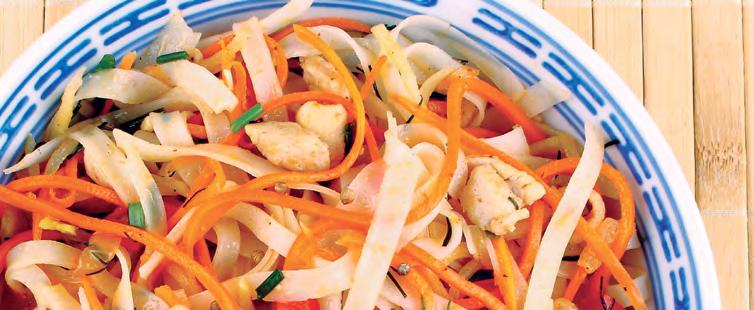 SPICY SOY NOODLE SALAD WITH CHICKEN Grains, Meat/Meat Alternate Main Item 32 Servings Ingredients Weight Measure Directions Chicken, fajita style strips, unseasoned, precooked, frozen 5 pounds Slack