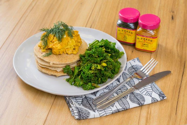 Turmeric Scrambled Eggs with Sautéed Greens Author: Bree May, Food According to Bree Serves: 4 8 extra-large free-range eggs ½ cup of thickened cream 1 tsp ground turmeric 40gms of butter 1 bunch of