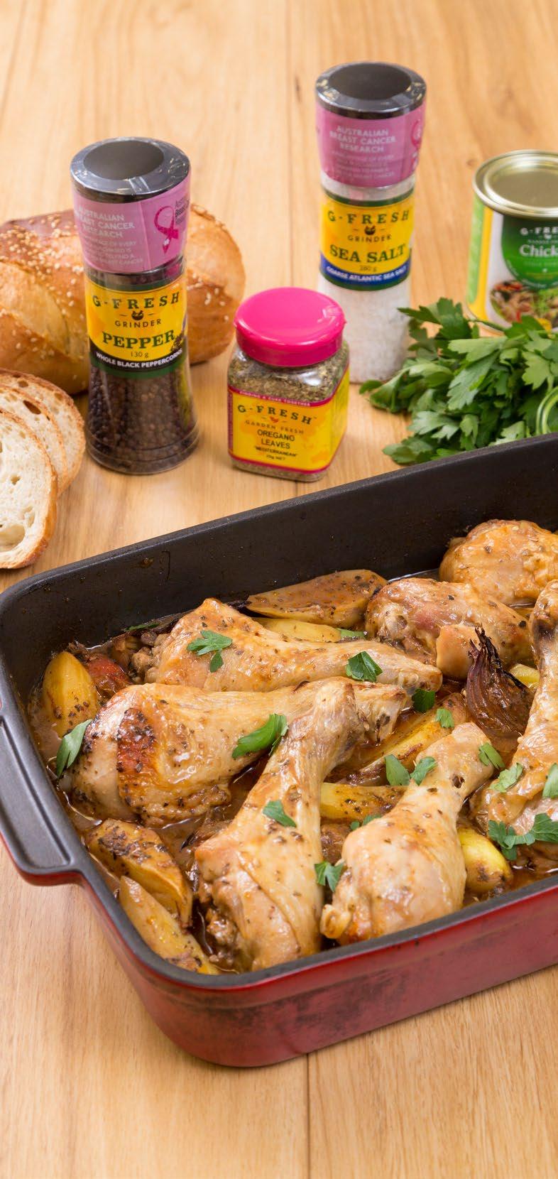 Oregano Chicken and Tomato Tray Bake Author: Bree May, Food According to Bree Serves: 4 8 large chicken drumsticks 1 large red onion 500gms kipfler potatoes or other waxy variety 200gm punnet of