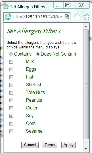 Allergen Filter on the web menu. This allows you to include or exclude one or more of the major allergens.