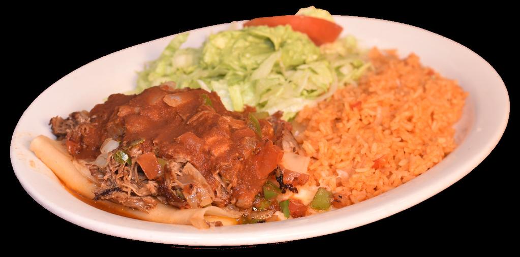 Enchiladas Rancheras 9.25 Two cheese enchiladas topped with pork, cooked bell peppers, tomatoes, onions and sauce served with guacamole salad and rice ENCHILADAS Enchiladas Bajió 9.