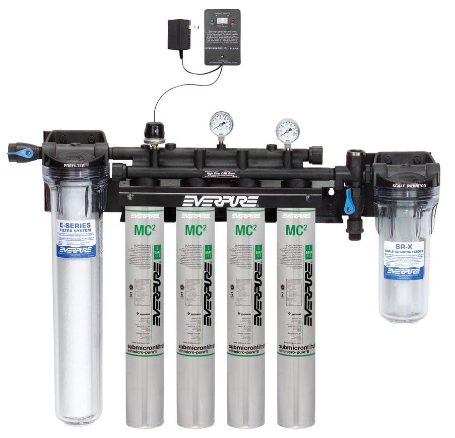 EVERPURE HIGH FLOW TRIPLE T SYSTEM W/PREFILTER 9328-05 Built-in prefilter removes sediment and prolongs cartridge life. Shut-off valve, inlet and outlet pressure gauges, flushing valve.
