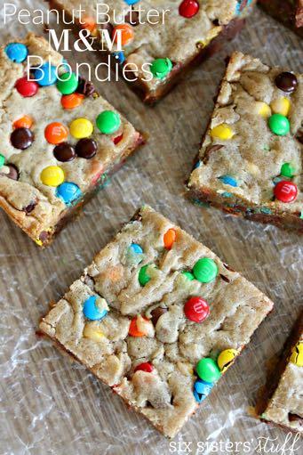 GLUTEN FREE- PEANUT BUTTER M&M BLONDIES D E S S E R T Serves: 10-12 Prep Time: 10 Minutes Cook Time: 25 Minutes 1/2 cup (1 stick) unsalted butter, melted 1 cup light brown sugar 1 large egg 1