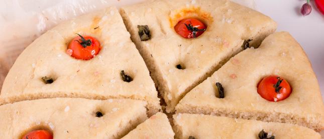 Blistered Tomato & Mozzarella Foccacia Cut thin slices of this hearty, fresh tomato and cheese appetizer or game-time snack. 1t. Sugar 2 1/2 T. Active Dry Yeast 1/3 c. Warm Water (110 F) 2 c.