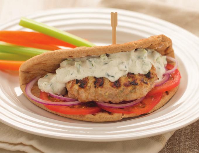 Dilly Turkey Burger Pitas with Tzatziki Sauce 1 packet Dill Pickle Dip Mix, divided ½ cup diced cucumbers ¼ cup non-fat plain Greek yogurt ¼ cup light sour cream 1½ pounds lean ground turkey 6 whole