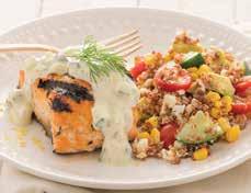 Grilled Salmon with Lemon Dill Sauce ¼ cup Avocado Oil 1 packet Lemon Dill Cheese Ball Mix, divided Juice of 1 lemon (2-3 tablespoons) 2 tablespoons honey 6 (4 ounce) salmon fillets ¾ cup plain Greek