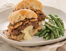 Roasted Onion & Brie Burgers 1½ pounds lean ground beef 5 tablespoons Roasted Onion Burger Starter, divided 1½ teaspoons Seasoned Salt, divided 4 ounces brie cheese, rind removed, cut into 6 pieces 2