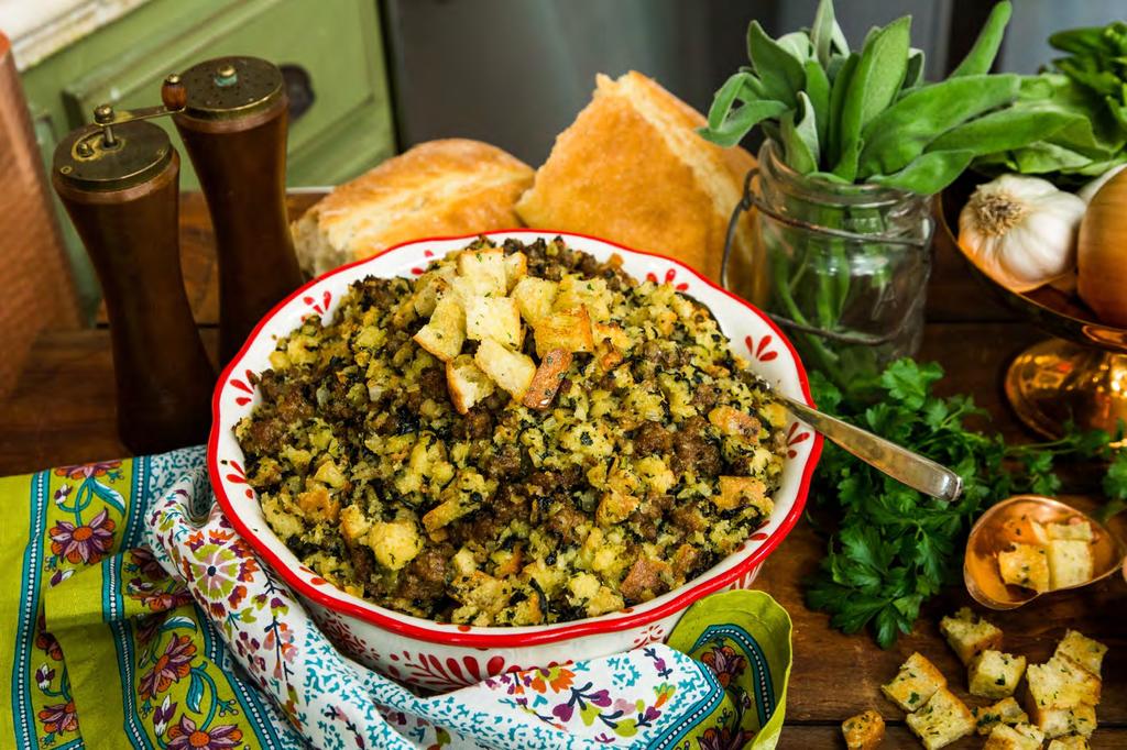 Elise Wims Tuscan Kale and Sausage Stuffing with Fresh Herbs Ingredients: ¾-pound ciabatta bread, sliced ½ inch thick 1 ½ cups whole milk 2 pounds mild Italian sausage, casings removed 1 medium