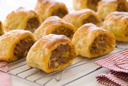 Sausage Rolls Ingredients 1 Packet Ready-made Puff pastry 200g Pork or Vegetarian sausage meat 1 Small onion Bunch of Fresh herbs (parsley, sage, rosemary, thyme, tarragon) Method 1.