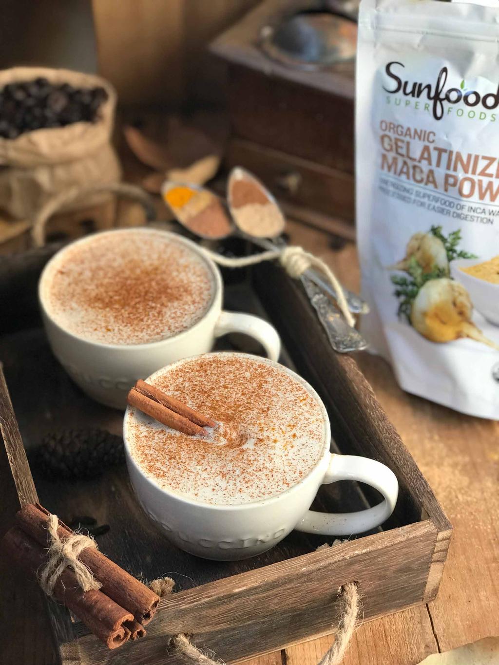 Golden Spice Cappuccino Servings: 1 1 cup brewed organic coffee 1/4 cup coconut milk or creamer 2 tsp coconut sugar 1/2 tsp Sunfood Cacao Powder 1/4 tsp Sunfood Maca Powder 1/4 tsp Sunfood Golden
