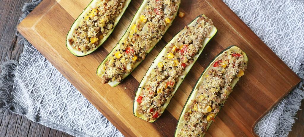 Turkey & Quinoa Zucchini Boats #eggfree #lunch #dinner #snack #glutenfree #dairyfree 13 ingredients 45 minutes 1. Preheat oven to 350. 2. Place quinoa in a saucepan with water and bring to a boil.