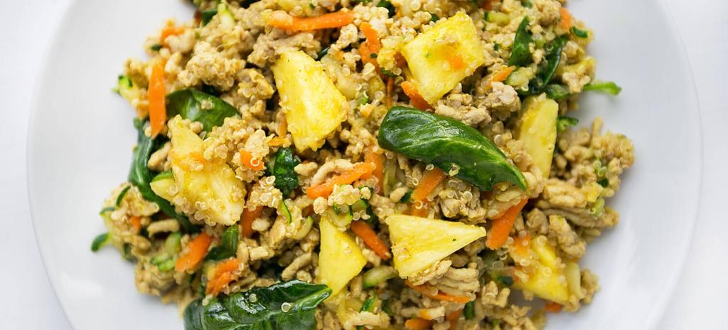 Turkey Pineapple Quinoa Bowl #dinner #lunch #eggfree #nutfree #glutenfree #dairyfree 13 ingredients 30 minutes 2 Servings 1. 2. 3. 4. Place quinoa and water in a saucepan and bring to a boil.