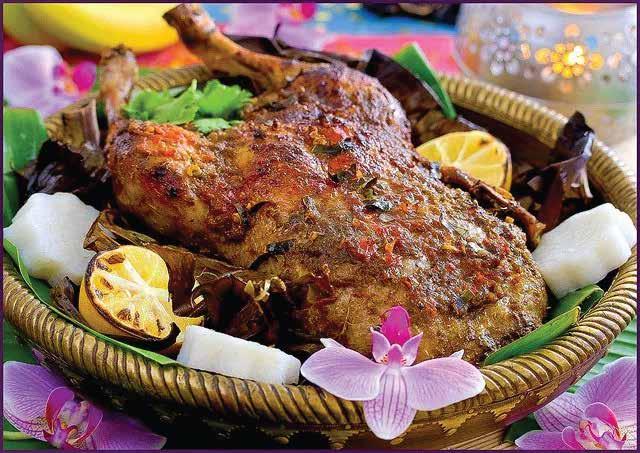 Signature Dishes Roasted Spring Chicken Percik Marinated chicken basted with thick coconut milk and spices served with Malaysian herb rice salad Chicken and Apricot Tagine Served with couscous