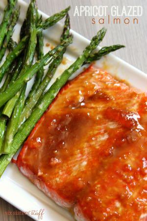 DAY 3 STANDARD FAMILY APRICOT MUSTARD GLAZED SALMON M A I N D I S H Serves: 6 Prep Time: 10 Minutes Cook Time: 15 Minutes 6 (8 ounce) salmon fillets 3/4 cup apricot preserves 4 1/2 Tablespoons honey