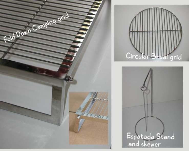 Camping Braai Equipment All in 304 food grade stainless steel. 1.) Fold Down Grid in 25 x 25 Angle Iron Frame with 6 mm cen tre support & 4mm cross bars.