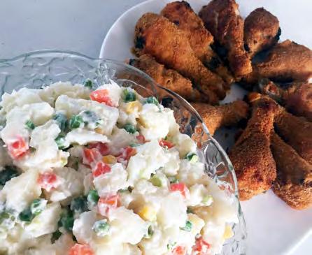 READY IN APPROX. 65 MINS CHICKEN DRUMSTICKS i POTATO SALAD EACH SERVE GIVES: 1 1 1 Mix paprika, cayenne pepper, flour, salt and pepper together and spread it over a plate.