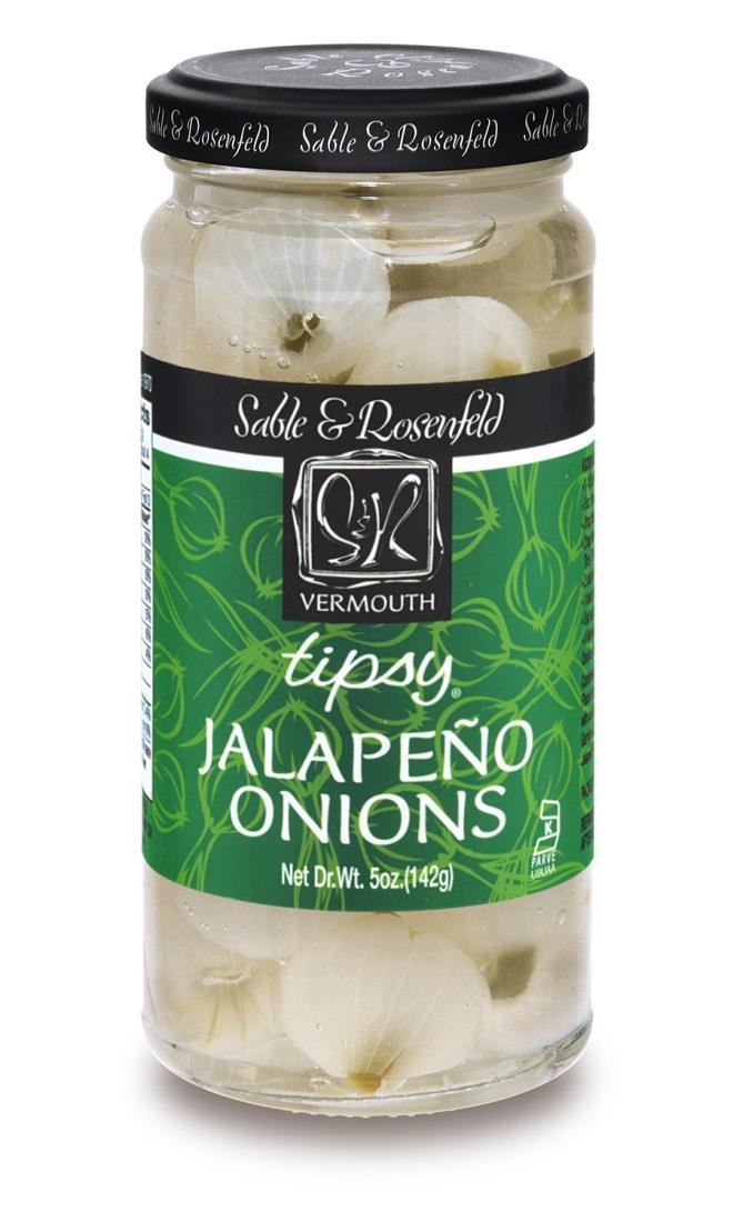 VERMOUTH JALAPEÑO TIPSY ONIONS Silver-skinned pickled onions, hand-stuffed with jalapeno peppers and bathed in