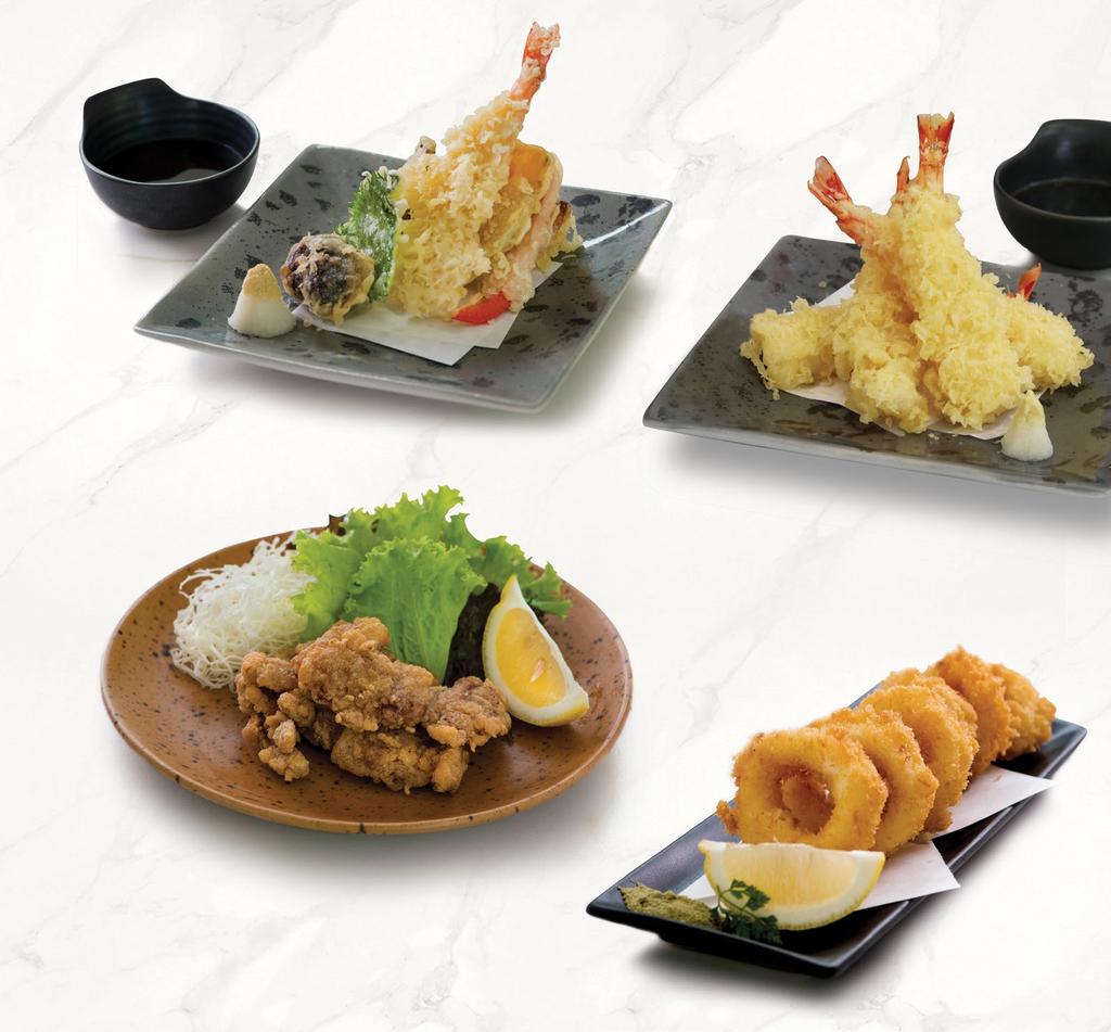 white fish served with tempura sauce 野菜天ぷら盛り合わせ YASAI TEMPURA 45,000 battered fried assorted seasonal vegetable served with tempura sauce てんぷら盛り合わせ TEMPURA MORIAWASE 48,000 battered