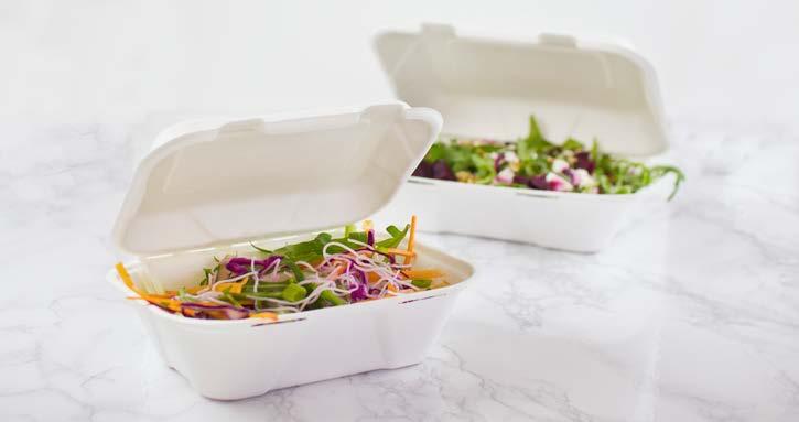 BAGASSE TAKEAWAY BOXES Our compostable hinged takeaway boxes are made from recycled sugarcane. They come in a range of sizes and are great for hot and cold food as well as being sturdy and economic.