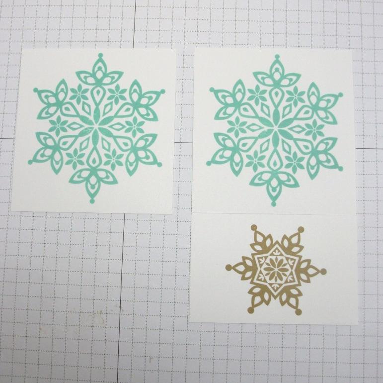Stamping: Coastal Cabana Center sides and stamp 3 snowflake towards the top of 3-1/8x3-1/4 Whisper White front card panel with points of