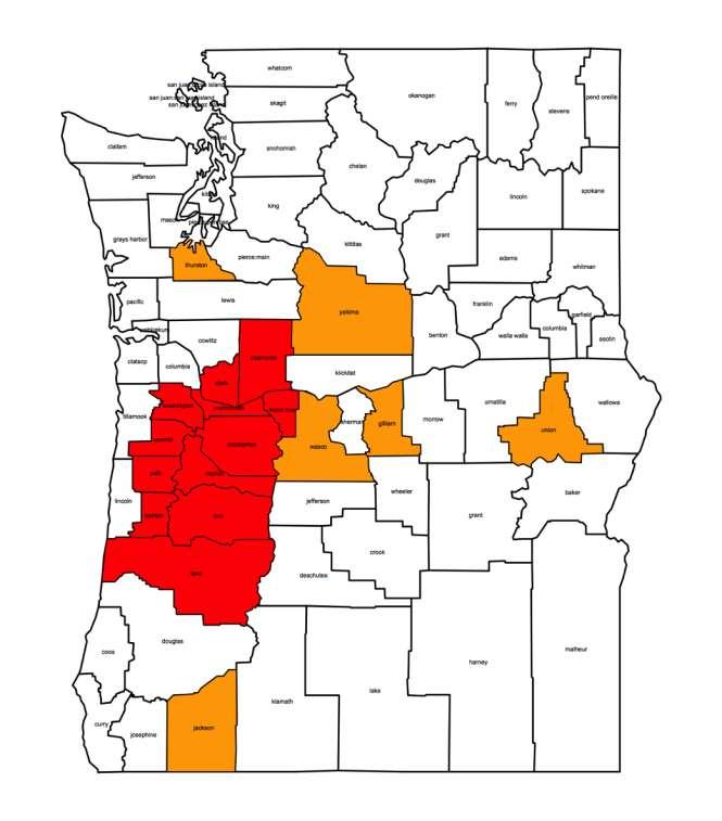 2012: OR/WA 2012: Major BMSB expansion Columbia Gorge (W-E) Along I-84 Willamette Valley (N-S) Along I-5 First finds in desert regions east of the Cascades