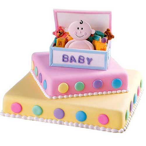 A Toy Box of edible toy candies atop this simple, but fun baby shower cake. Your guests will be impressed! For Basic White, Yellow Or Chocolate cake recipes visit: http://www.unique-babyshower-gifts.