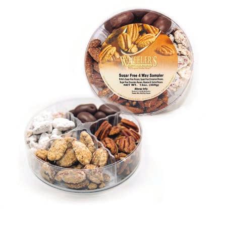95 4-FLAVOR SAMPLER We ve chosen four of our best-selling pecan flavors for the perfect variety: Chocolate Covered, Roasted & Salted, Honey, and Praline Pecans. Item # 9413-4-Flavor Clear Round 13 oz.