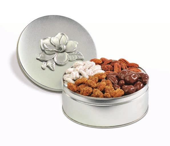 THE MISSISSIPPI MAGNOLIA BLOSSOM TIN The beauty of a Magnolia Blossom adorns this hand-cast pewter tin. We ve packed it with Roasted & Salted, Chocolate Covered, Honey, and everyone s favorite.