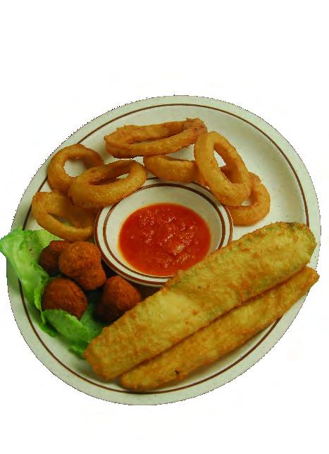95 Breaded Zucchini, breaded mushrooms and Onion Rings- No substitutions please, served with our house dressing Breaded Mushrooms $4.