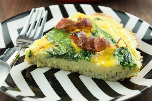 Meal # 1 Bacon and Spinach Frittata Number of servings 2 Approximate cooking time: 35 minutes Calories 419, Fat 32.3g Carbohydrates 4.2g, Protein 28.