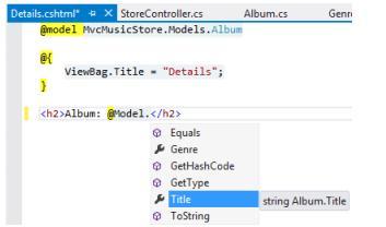 Khi nhấn vào nút "Add" /Views/Store/Details.cshtml View sẽ được tạo ra, có chứa các mã sau đây. Chú ý Dòng đầu tiên chỉ ra rằng View này chứa model có định kiểu là Album.