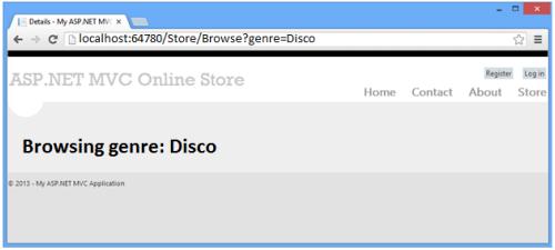 Cập nhật phần tử <h2> trong View tại /Views/Store/Browse.cshtml có nội dung như sau để hiển thị thông tin loại. Bây giờ hãy chạy lại dự án và duyệt đến URL /Store/Browse?genre=Disco.