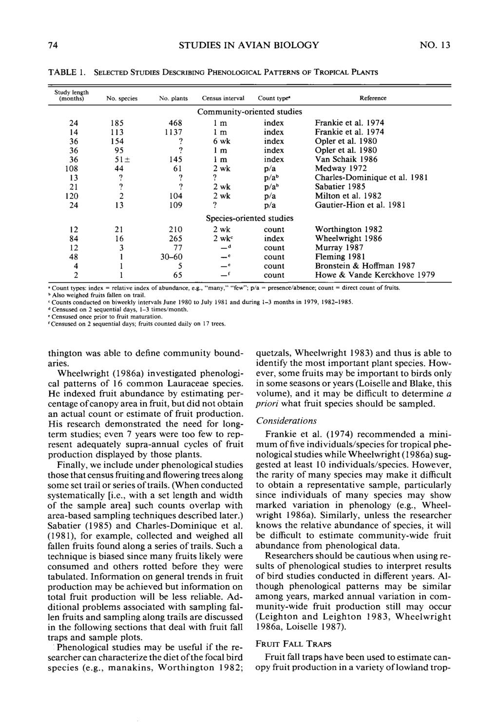74 STUDIES IN AVIAN BIOLOGY NO. 13 TABLE 1. SELECTED STUDIES DESCRIBING PHENOL~GICAL PATTERNS OF TROPICAL PLANTS Study length (months) No. species No.