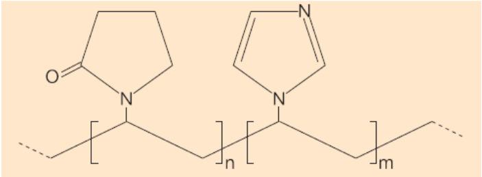 5- CHELATING METALS PVI/PVP: Cu 2+ > Au 2+ = Ag 2+ > Fe 3+ > Mn 2+ > Al 3+ > Zn 2+ Cross- linked, insoluble copolymer of vinylimidazole and vinylpyrrolidone ratio of 9:1.