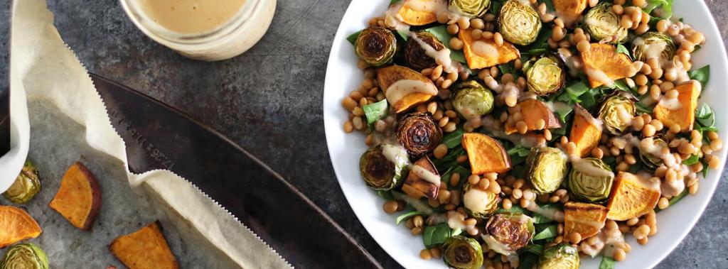 Roasted Sweet Potato & Brussels Sprouts Salad 11 ingredients 30 minutes 4 servings 1. Preheat the oven to 425 degrees F. Line a large baking sheet with parchment paper. 2.